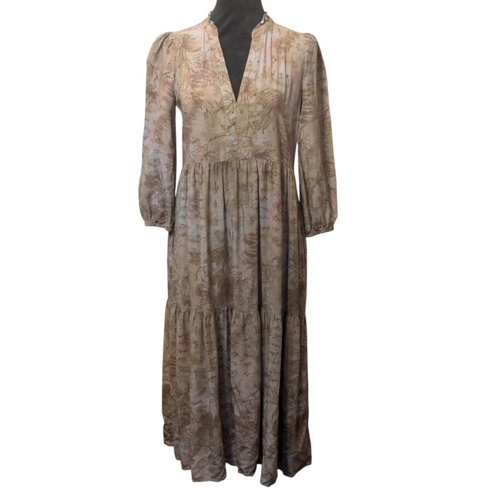 Johnny Was Calmé Floral Tiered Maxi Dress XS Taupe Boho Artsy Rayon Lined
